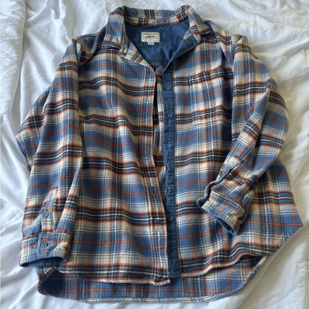 American Eagle Outfitters Blue Cream Plaid Flannel Shirt with Orange Accents